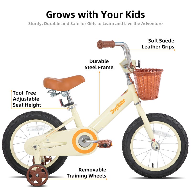JOYSTAR 14 Inch Kids Bikes with Training Wheels & Basket, Vintage Girls Bike for Toddler of 3-5 Years Old Girls & Boys, Kids Bicycle, Beige - Image 2